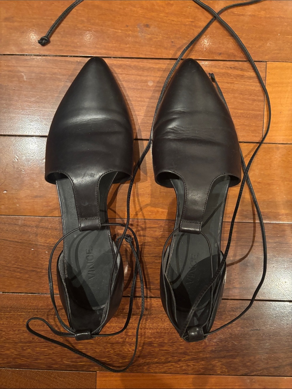 Vince Black Pointed Leather Lace-Up D'Orsay Flats